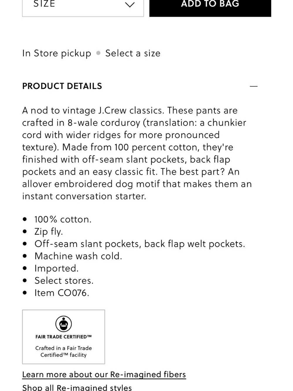 J.Crew Classic-fit 8-wale corduroy pant with dog embroidery 33/32
